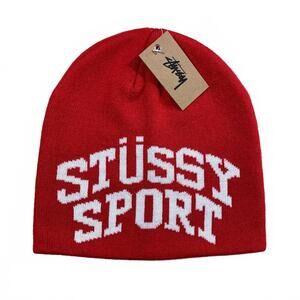 Stussy Sport Jacquard Skullcap Beanie Hat Red SS23 Knit Logo Cap Streetwear NWT